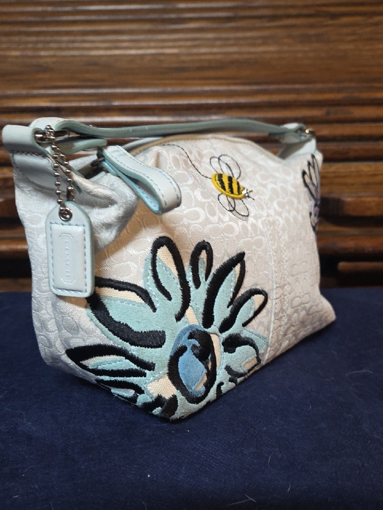 Coach Handbags - Coach Cream Cosmetic Pouch with Light Blue Floral & Bee Embroidery